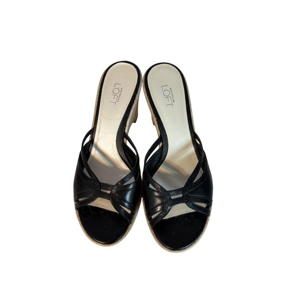 Ann Taylor Loft Leather Black Strappy Wedge Sandals Open Toe Womens 8 Woven Heel - Picture 2 of 12